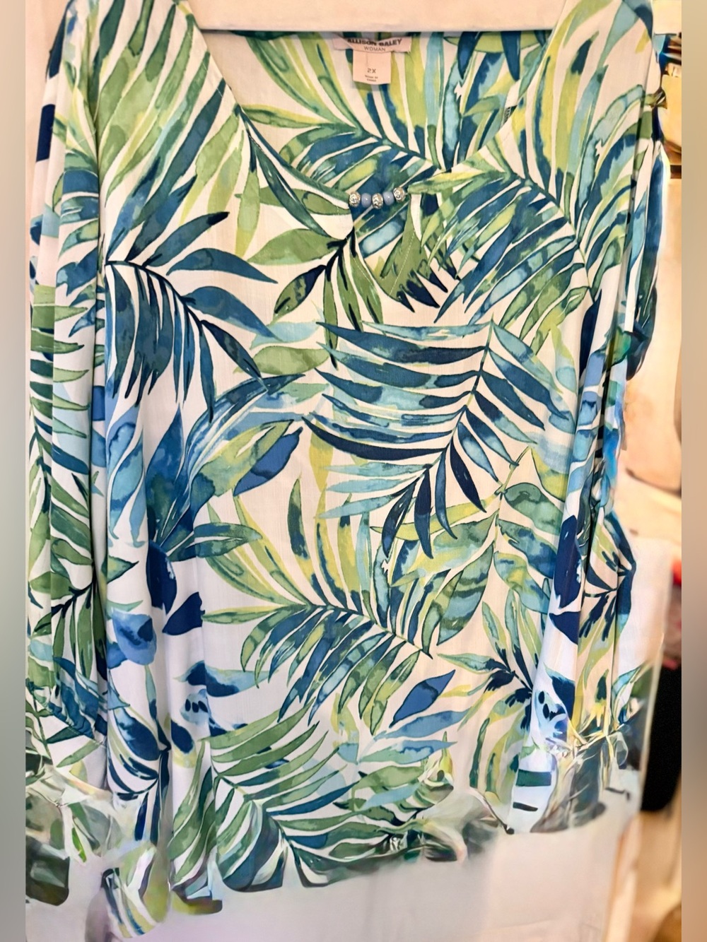Allison Daley Tropical Leaf Print Blouse in Blue & Green